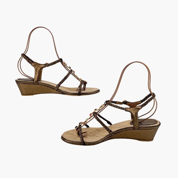 Chanel CC Gem Chain T-Strap Gold Quilted Leather Wedge Sandals Size 40 US 9-9.5 - Picture 9 of 14